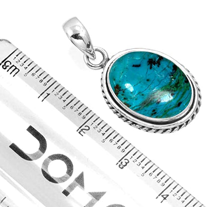 Chunky Natural Gemstone Pendant Necklace For Women Onyx, Turquoise, Amber, Garnet Oval Boho Genuine 925 Sterling Silver Handmade Jewelry - color: Chrysocolla
