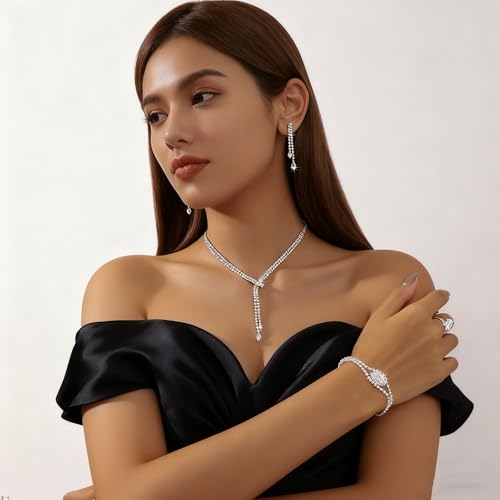 4 Pieces Cubic Zirconia Wedding Jewelry Sets for Bride Rhinestone Bridal Jewelry Set Necklace Bracelet Earring Ring for Brides Bridesmaid for Wedding Party - color: 4 PCS-Silver