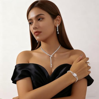 4 Pieces Cubic Zirconia Wedding Jewelry Sets for Bride Rhinestone Bridal Jewelry Set Necklace Bracelet Earring Ring for Brides Bridesmaid for Wedding Party - color: 4 PCS-Silver