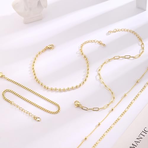 Cuzmly Bracelets for Women, Waterproof 14K Gold/Silver Plated Stackable Bracelets for Women Non Tarnish Trendy Dainty Paperclip Figaro Box Herringbone Hand Chain Bracelet Pack Stack Adjustable Jewelry for Women - style: 5 Satellite