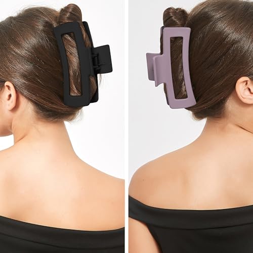 XXL Jumbo Rectangle Claw Clips for Thick Hair - Strong Hold Hair Clips | Rectangle Design | Matte Finish | Non Slip | Wide Opening | 2 Pack (Black & Purple) - color: Black & Purple