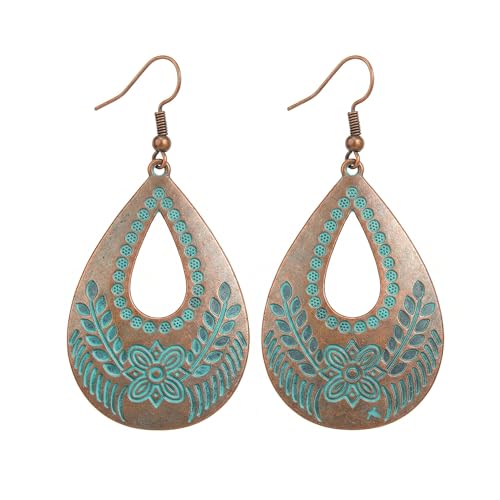 Vintage Boho Teardrop Earrings for Women, Retro Bronze Turquoise Engraved Flower Dangle Earrings, Bohemian Ethnic Tribal Jewelry for Holiday, Beach, Daily Wear, Gift for He - color: teardrop