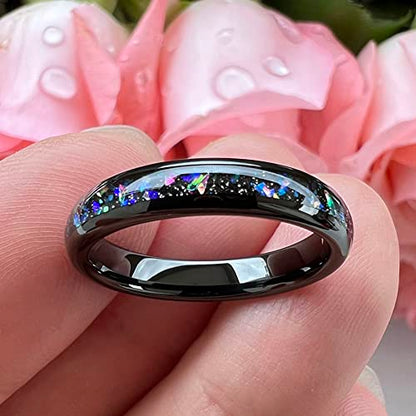 TUTISS 4mm Silver/Black Tungsten Rings for Women Men Engagement Wedding Bands Genuine Blue Green Galaxy Opal Inlay Domed Polished Comfort Fit - color: 4mm Black Tungsten Galaxy Opal