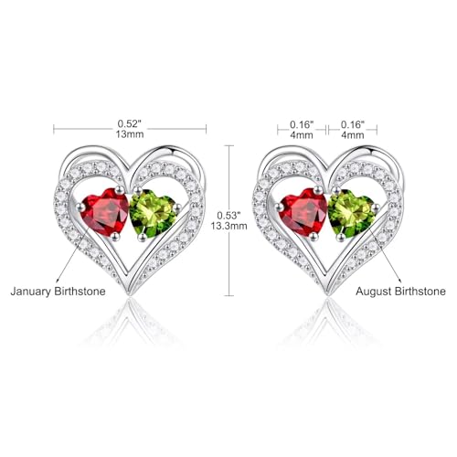Heart Earrings for Women - Birthstone Earrings | 925 Sterling Silver, Stud Earrings, Gift Box Packaging, Anniversary Birthday Gifts for Women Wife Girlfriend Mom - color: 01-08-Jan-Aug Birthstone