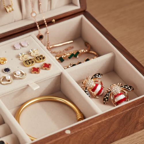Walnut Wood Jewelry Box with Necklace Hook, Gift for Women | 7 Necklace Hooks, Velvet-Lined, Stores Watches Rings Earrings Necklaces Bracelets, Jewelry Organizer, Gift for Her - style: 1 Layer A