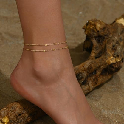 Ankle Bracelets for Women 18K Gold Plated Dainty Layering Anklets for Women Layered Twisted Rope Coin Chain Anklet Bracelets Waterproof Beach Summer Foot Jewelry - color: Layered Dot-Gold