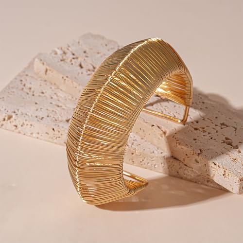 Chunky Cuff Bracelets for Women Wide Gold/Silver Cuffs Bangle Hollow Out Adjustable Bracelets Punk Vintage Jewelry - style: U-Gold A