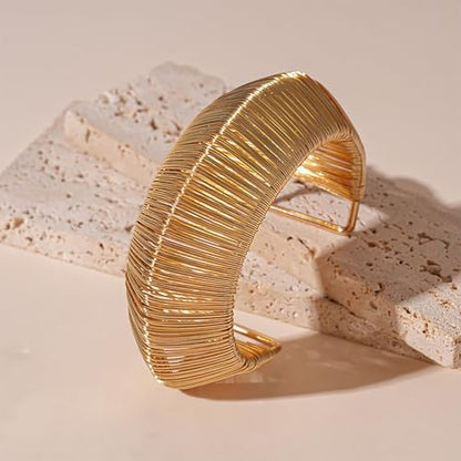 Chunky Cuff Bracelets for Women Wide Gold/Silver Cuffs Bangle Hollow Out Adjustable Bracelets Punk Vintage Jewelry - style: U-Gold A