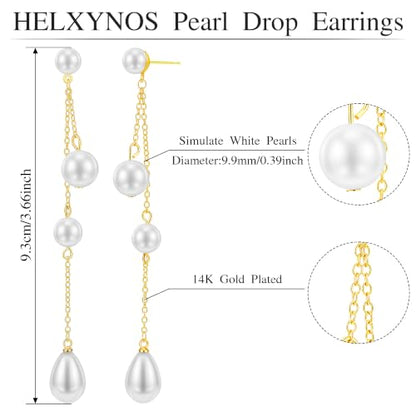 Long Chain Pearl Dangle Earrings for Women | 4Pcs Pearls, 14K Gold Plated, Dainty Tassel Drop, Lightweight Pearl Dangly Earring, Wedding Jewelry Gifts - color: Gold-Teardrop