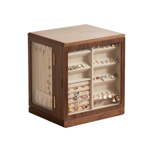 Rotating Black Walnut Wooden Jewelry Box for Women, 5 Layer | 360° Rotatable, 5 Drawers, Rings, Necklaces, Earrings & Bracelets, Large Storage Case, Gift for Her - size: 5 Layer(7.9"D x 9.4"W x 10.4"H)