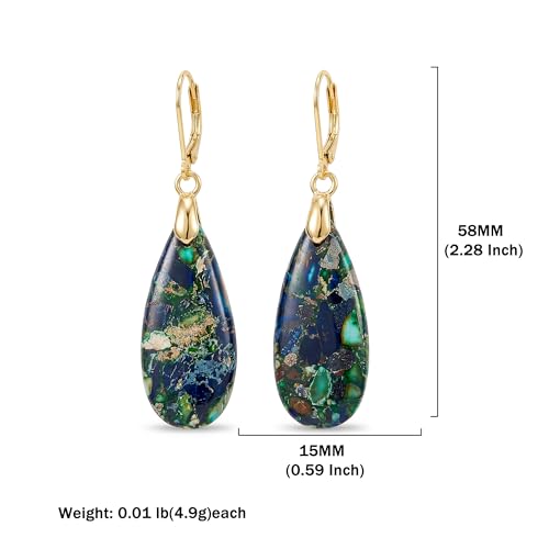 Natural Healing Teardrop Stone Leverback Dangle Drop Earrings Statement Gold earrings - color: Blue -Gold