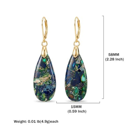 Natural Healing Teardrop Stone Leverback Dangle Drop Earrings Statement Gold earrings - color: Blue -Gold