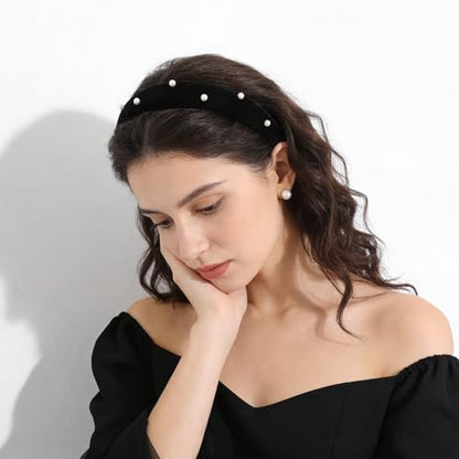 3pcs Non Slip Padded Black Headbands 3 Styles - Black Velvet Headbands For Women - Fashion Stylish Headband For Women With Pearl & Bee Design