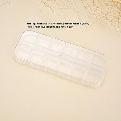 12 Pairs Stainless Steel CZ Stud Earrings for Women, Brilliant Cut Round Cubic Zirconia Stud Earrings, Birthstone Stud Earrings Set - size: 4MM