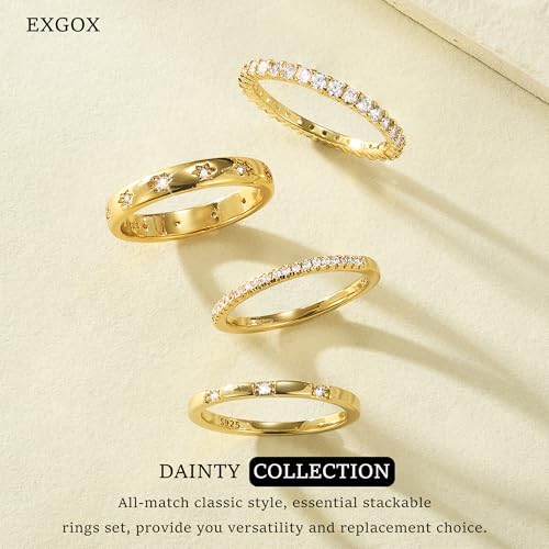 EXGOX Dainty Stackable Gold Rings - 14K Gold Plated, Non Tarnish Cubic Zirconia Stacking & Thumb Knuckle Rings (4pcs Size 7-11) - color: Shiny Star Style, size: 11