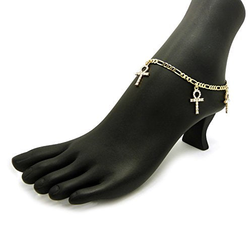 Fashion 21 Women's Cross, Ankh, Queen Nefertiti Piece 10 inches Figaro Chain Anklet Foot Bracelet in Gold Tone - style: Three Ankh Pieces / Figaro
