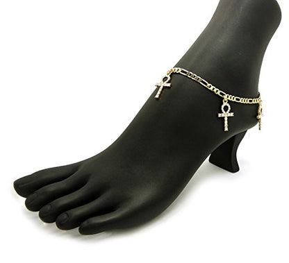 Fashion 21 Women's Cross, Ankh, Queen Nefertiti Piece 10 inches Figaro Chain Anklet Foot Bracelet in Gold Tone - style: Three Ankh Pieces / Figaro