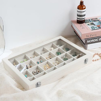 Wudygirl Jewelry Organizer Earring Holder Jewelry Tray with Lid Velvet Jewelry Box Jewelry Display Case Bracelet Earrings Ring Holder for Women Dresser (Beige 24 Grid Jewelry Tray) | 24 Grid Jewelry Organizer for Earrings, Perfect for Home Organization, J