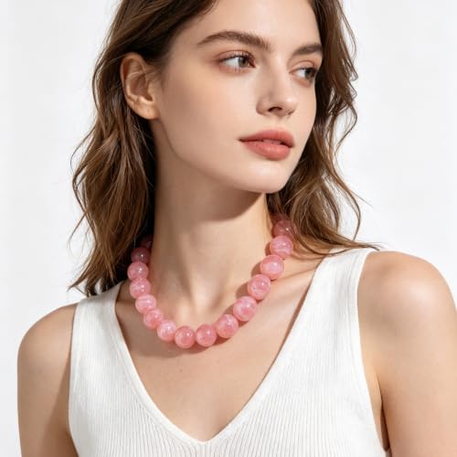 Chunky Beaded Necklace for Women Trendy Boho Collar Statement Necklace Large Round Resin Beads Choker Necklaces Summer Beach Jewelry Gifts - color: Pink