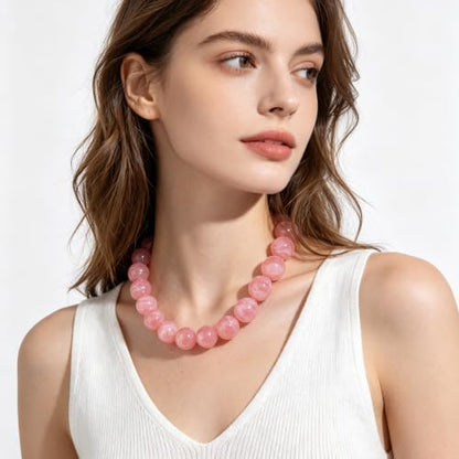 Chunky Beaded Necklace for Women Trendy Boho Collar Statement Necklace Large Round Resin Beads Choker Necklaces Summer Beach Jewelry Gifts - color: Pink