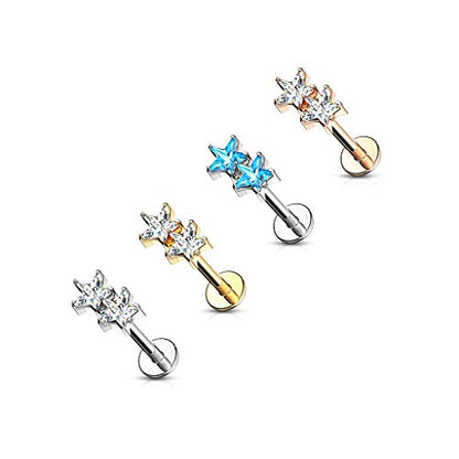 Pierced Owl - 16GA Twin CZ Crystal Star Top Monroe Labret Cartilage Ear Stud - style: Silver Tone/Aqua