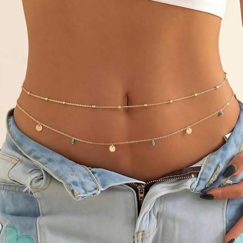 14K Gold Plated Waist Chain for Women, Layered Belly Body Chain | 2Pcs Adjustable Fit, Layered Design, Dainty Chain Styles, Bikini, Dress & Rave Outfits, Beach, Festival & Vacation - color: Gold-Plated 9