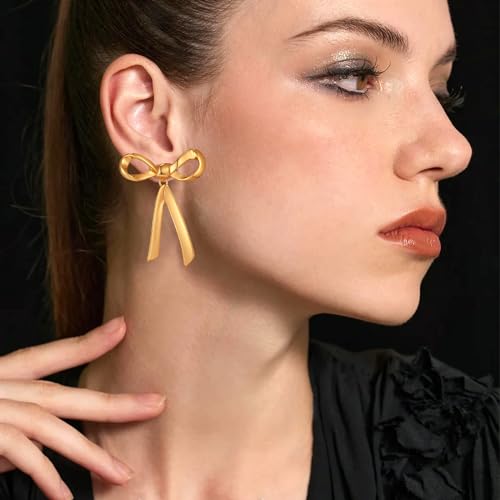 Gold Silver Bow Drop Earrings for Women Long Tassel Chain Bow Earrings Ribbon Bowknot Dangle Earrings Jewelry Gifts - color: Gold Bow E