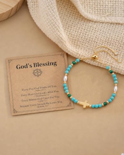 HGDEER God's Blessing Cross Bracelet for Women & Teens, Christian Gift | 14K Gold Plated, Natural Malachite & Turquoise Beads, Secure Adjustable Bolo Clasp, Hypoallergenic, Gift for Women & Teens - color: Multi-Green