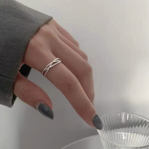 OOOPEL Sterling Silver Adjustable Ring S925 Silver Rings for Women Cubic Zirconia Twist Love Knot Dainty Ring Silver Minimalist Open Finger Rings Silver Thumb Sterling Silver Ring - color: three line ring