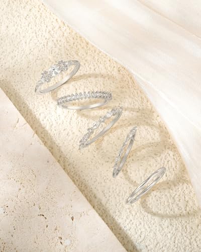 Honsny Stackable Gold Rings for Women Non Tarnish Engagement Wedding Bands | 18K Gold Plated, Cubic Zirconia Stacking Rings, Thumb Ring Set, Thin Eternity Promise Wedding Bands, Size 6 7 8 9 10 11 - color: Silver 1
