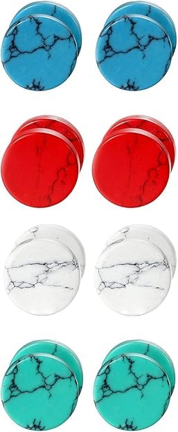 4 Pairs Unisex Marble Stone Screw Stud Earrings Set,Cupimatch Ear Piercing Plugs Faux Gauges Illusion Tunnel Earrings for Mother's Day (10mm) - color: blue-red-8mm