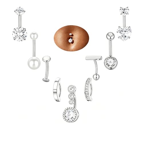 Hypoallergenic Belly Button Ring for Women | 14G, Stainless Steel, Gold Heart CZ Beaded Ball Pearl Belly Ring Stack, Curved Navel Belly Button Piercing Body Jewelry, 9PCS - color: 9PCS-Silver Plated