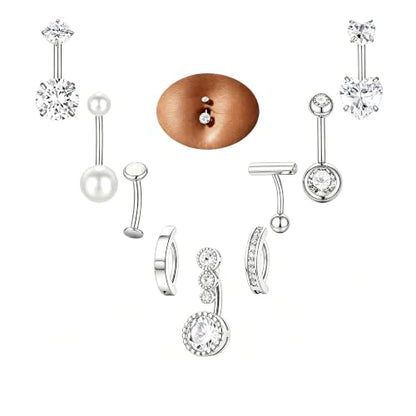 Hypoallergenic Belly Button Ring for Women | 14G, Stainless Steel, Gold Heart CZ Beaded Ball Pearl Belly Ring Stack, Curved Navel Belly Button Piercing Body Jewelry, 9PCS - color: 9PCS-Silver Plated