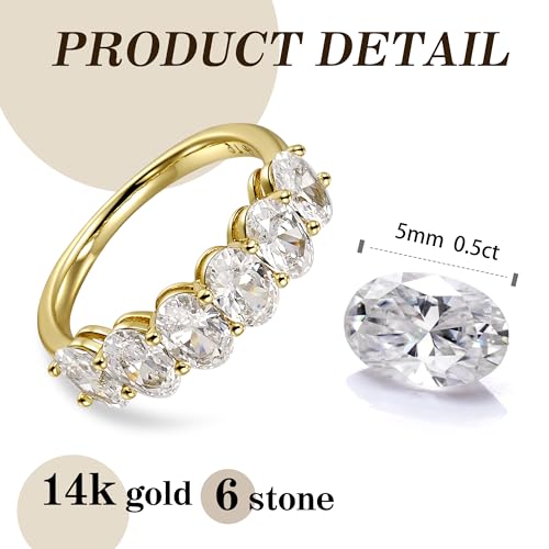 Gold Plated Half Eternity Ring for Women - 0.5CT CZ 6-Stone AAAAA Oval Cut Stackable Band Ring 14K Non Tarnish Waterproof - Wedding Anniversary Engagement Statement Travel Rings Jewelry Gift
