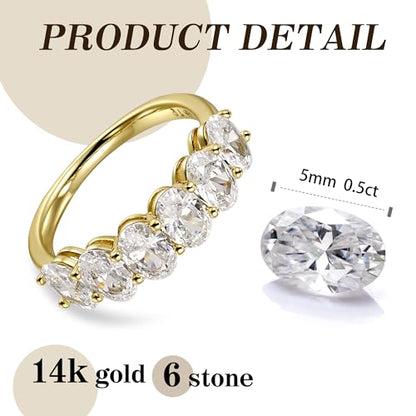 Gold Plated Half Eternity Ring for Women - 0.5CT CZ 6-Stone AAAAA Oval Cut Stackable Band Ring 14K Non Tarnish Waterproof - Wedding Anniversary Engagement Statement Travel Rings Jewelry Gift