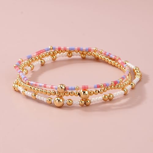Gold Beaded Bracelet Stack for Women Colorful Small Seed Beads Bracelets Set Boho 14K Gold Plated Ball Stackable Stretch Non-Tarnish Dainty Jewelry Trendy Accessory Friendship Gift - color: pink and white