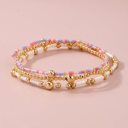 Gold Beaded Bracelet Stack for Women Colorful Small Seed Beads Bracelets Set Boho 14K Gold Plated Ball Stackable Stretch Non-Tarnish Dainty Jewelry Trendy Accessory Friendship Gift - color: pink and white