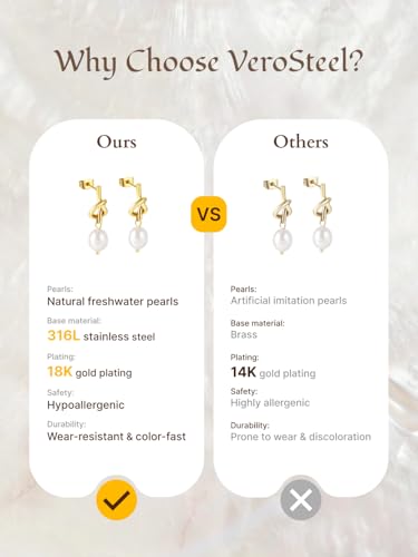 Pearl Earrings VeroSteel Dangle Earrings for Women, Dainty 14k Gold Huggie Hoop Earrings with Pearls, Trendy Pearl Drop Earrings, Stainless Steel Hypoallergenic Stud Earrings For Sensitive Ears - style: Cute Knot A