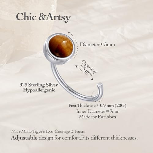 CHIC & ARTSY 925 Sterling Silver Half Hoop Earrings for Women, Dainty Huggie Hoops with Synthetic Opal, Moonstone, CZ & Gemstones, Lightweight Comfort Fit Everyday Elegant Jewelry - color: Synthetic Tiger's Eye/Silver