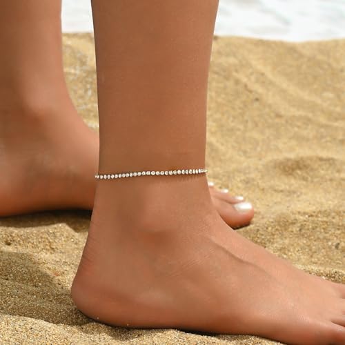 Anklets for Women, 18K Gold Plated Dainty Ankle Bracelets with Tennis, Pearl, Daisy, Lip, Snake Chain, Layered CZ Anklet Waterproof, Adjustable Boho Summer Beach Foot Jewelry - style: 3mm Tennis