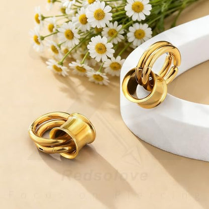 1 Pair Ear Guages with Rings 316L Stainless Steel Saddle Plugs for Ears Hypoallergenic Hoop Earrings Weights Stretchers Ears Tunnels Expander Piercing 0G 00G 1/2" 9/16" - color: Gold;0G(8mm)