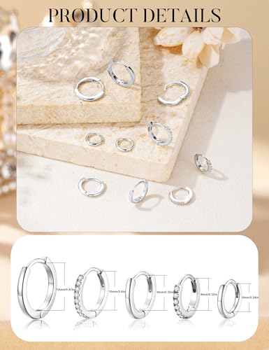 Turandoss 5 Pairs Gold Huggie Hoop Earrings for Women | Dainty Small Hoop Earring Stacks, Cartilage, Multiple Piercing, 14K Gold Plated, Hypoallergenic - color: Silver Hoop