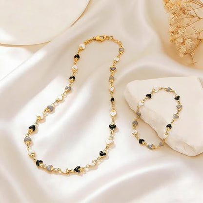 Gold Jewelry Set for Women, Dainty 18K Gold Plated Heart Necklaces Bracelets Set, Elegant Choker Necklaces Bracelets Trendy Valentine Anniversary Birthday Jewelry Gift - color: Black