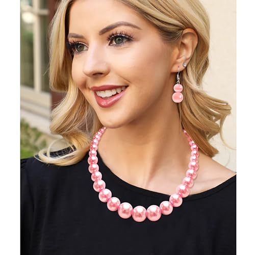 Cryshimmer Pearl Choker Necklace for Women Faux Pearl Beads Strand Necklace Earring Set Costume Jewelry,Gift for Wife Mother - color: Barbie Pink Pearl