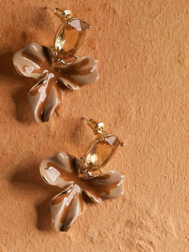 Statement Earthy Flower Dangle Earrings for Women, Elegant Floral Jewelry - color: Brown