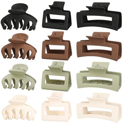 Small Medium Claw Clips for Women, 3 Styles Hair Clips for Thick and Thin Hair, Non-slip Strong Hold, 12 Pcs (White,Green,Brown,Black) - color: White,Green,Brown,Black
