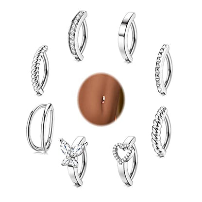 ORAZIO 8Pcs Belly Button Ring Surgical Steel 14G Clicker Belly Rings for Women CZ Heart Butterfly Belly Button Piercing Simple Reverse Navel Barbell Rings Body Piercing Jewelry - color: Silver Plated-10mm