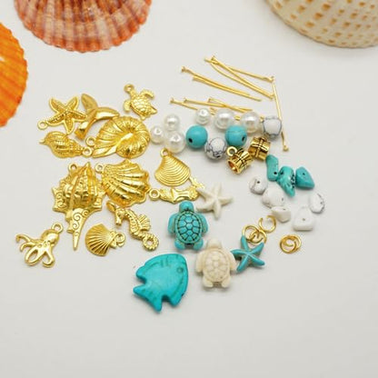 Julie Wang 422PCS Gold Tone Alloy Pendants Seashells Man-made Turquoise Beads Starfish Turtle Ocean Charms for Jewelry Making Summer Beach Bead Necklace Bracelet DIY Supplies - color: Style B-422PCS