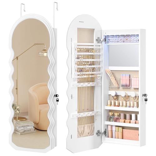 SONGMICS Mirror Jewelry Cabinet Wall Mounted Over the Door, Hanging LED Jewelry Organizer, Lockable Wavy Wide Mirror with Storage, Interior Lights, 3.9 x 16.5 x 42.5 Inches, White UJJC031W01 - color: Cloud White, size: 42.5"H, style: Wave Mirror