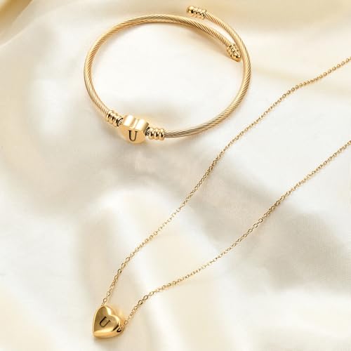 MYNENEY Necklace and Bracelet for Women Stainless Steel Initial Jewelry Set - color: Gold-U